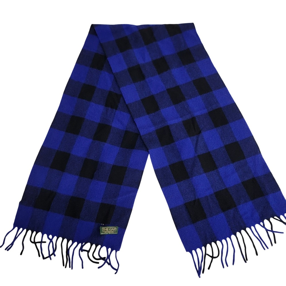 The Gap Blue Black‎ Buffalo Plaid Scarf 100% Lambswool Made in Italy Fringe